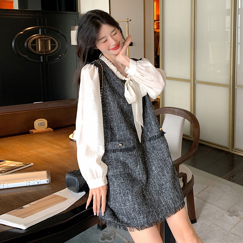 灰色飘带假两件小香风连衣裙套装女春秋减龄气质流苏背心裙,女装连衣裙,2C166