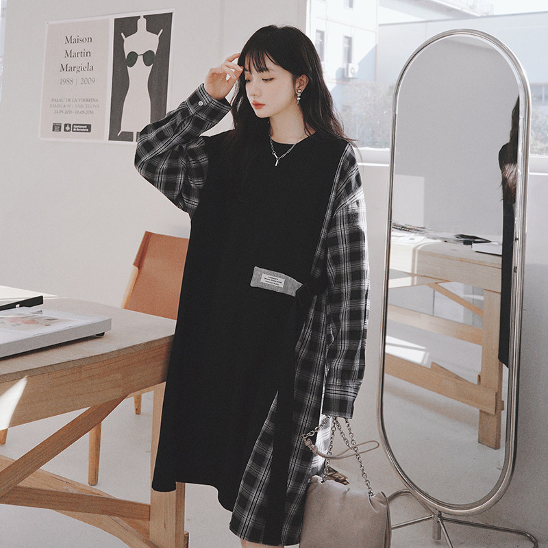 【24春】数据好黑白格拼接华夫格卫衣裙8533-P115K168,女装连衣裙,2C069