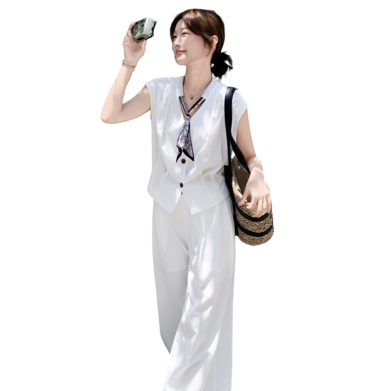 白色韩范盐系高级感无袖上衣套装女夏季新款气质显瘦阔腿裤两件套,女装套装/套裙,2C252