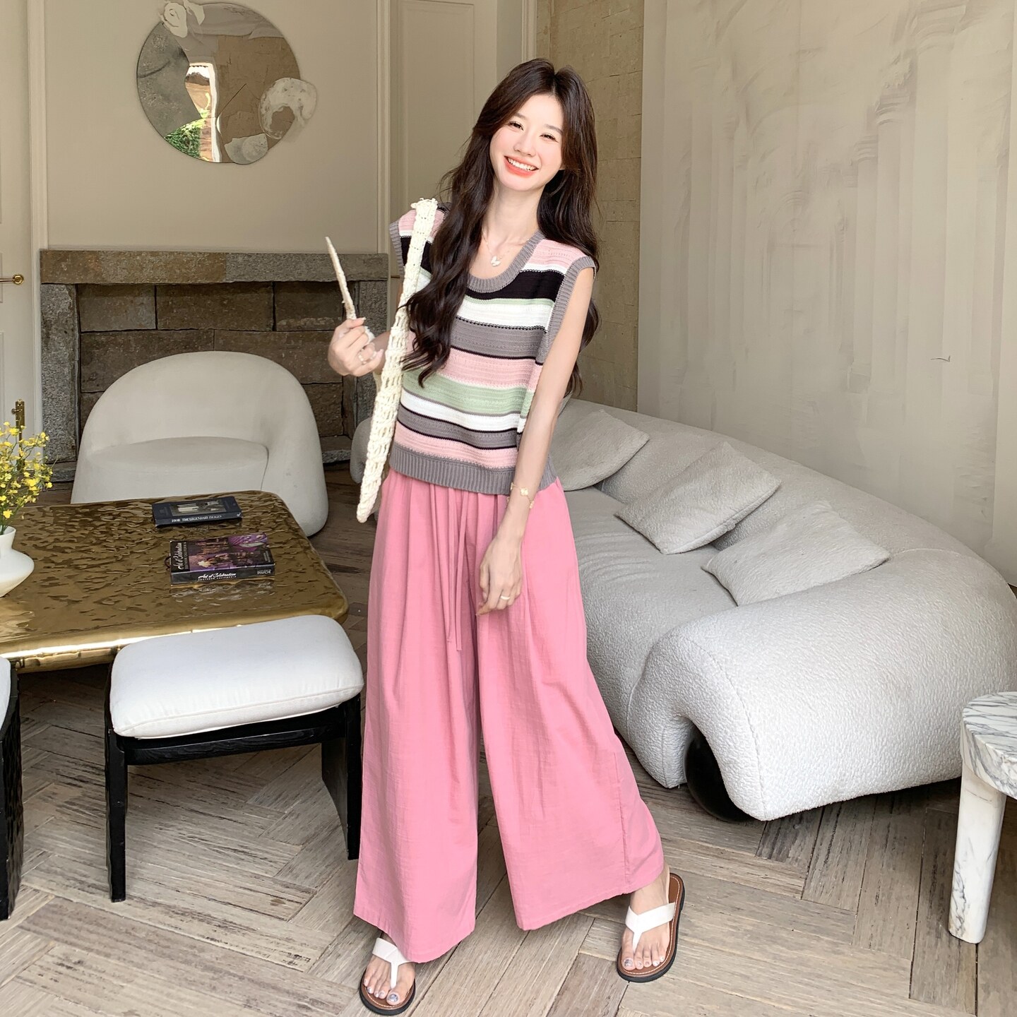 减龄撞色拼接条纹针织衫套装女夏季2025年新款阔腿裤两件套,女装套装/套裙,2C166