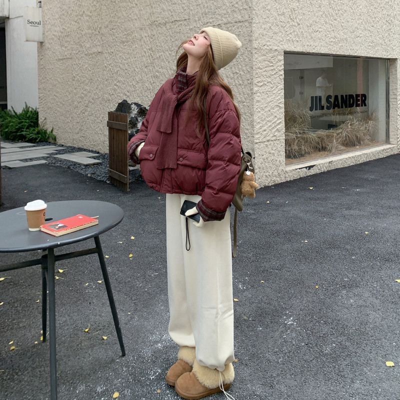 新款韩版宽松立领撞色格子袖口羽绒服短款外套面包服,女装羽绒服,2B114