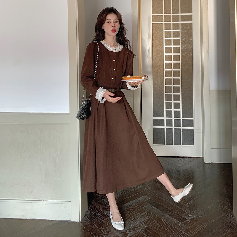 木耳边拼接长袖连衣裙女2025春秋新款法式高级感气质显瘦过膝长裙,女装连衣裙,2C098