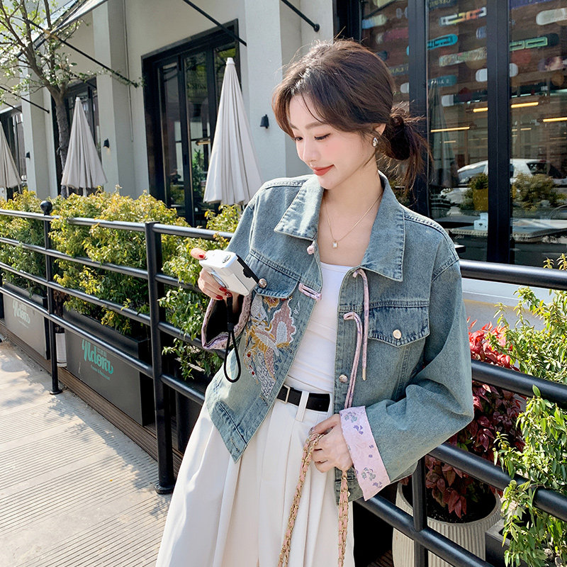 粉色刺绣拼接国风牛仔外套女春秋新中式上衣潮流时尚洋气女神范图片
