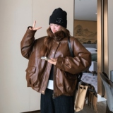 减龄棕色油蜡皮衣羽绒服女2025冬季新款机车服甜酷90绒外套派克服，女装羽绒服，2D008