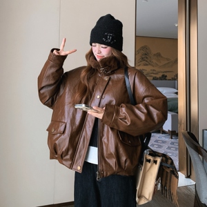 减龄棕色油蜡皮衣羽绒服女2025冬季新款机车服甜酷90绒外套派克服图片