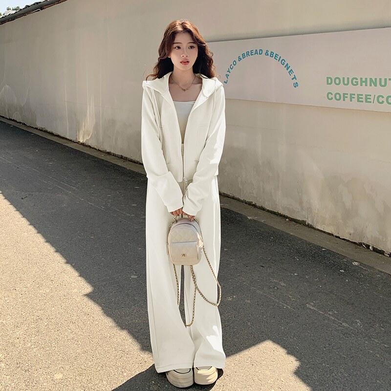 黄色韩系一整套休闲连帽卫衣套装女2025秋季新款直筒阔腿裤两件套,女装套装/套裙,2D036