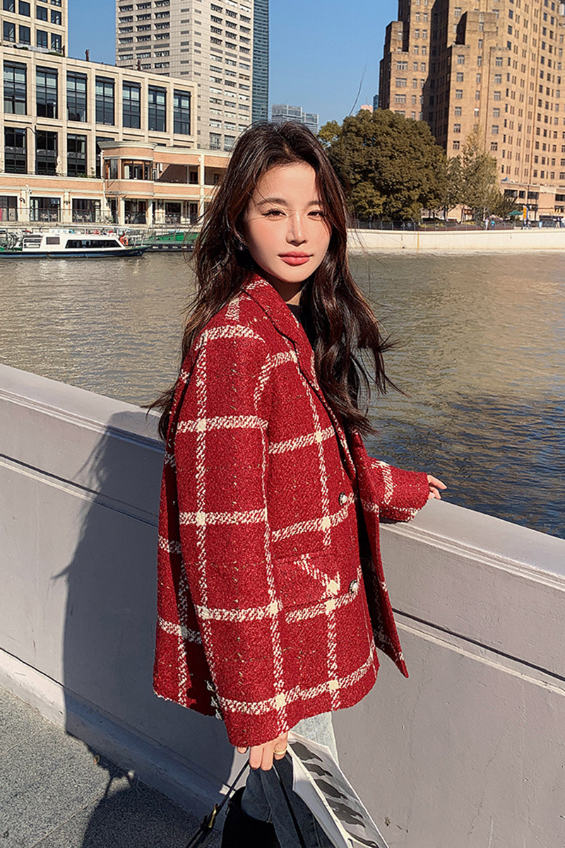 现货，小香风圣诞红高级感格子西装羽绒服2371P210K298,女装羽绒服,2C029