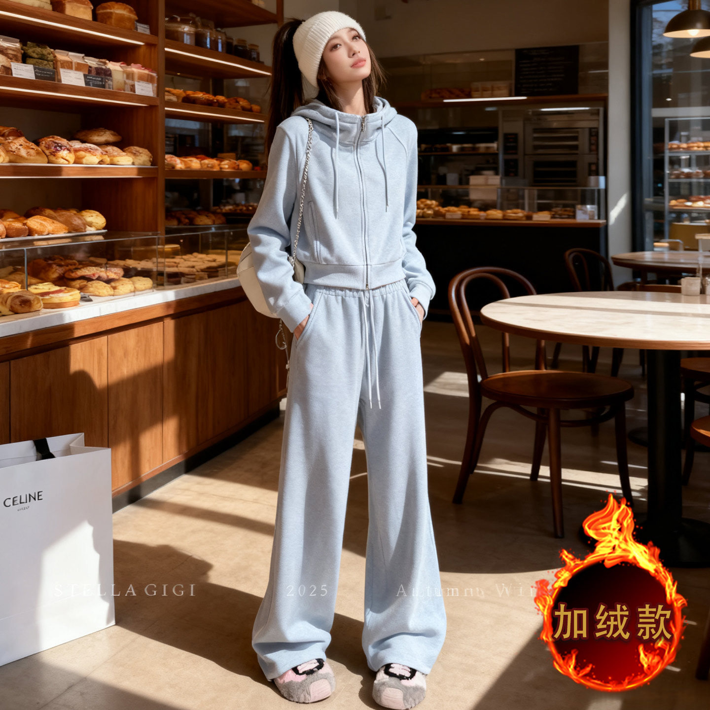 气质简洁休闲套装女秋冬新款韩系连帽卫衣直筒长裤显高显瘦两件套,女装套装/套裙,2C310