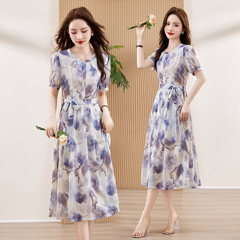 【新品】吾爱衣2421款印花连衣裙女圆领夏季系带气质妈妈裙子,女装连衣裙,吾爱衣