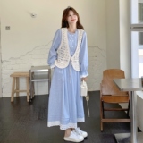 现货条纹长裙+马甲套装25083P165K248，女装连衣裙，2D035