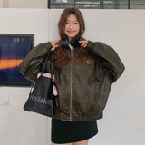 复古美式黑色机车服短外套女春秋2025超火好看高级小众皮夹克上衣，女装皮衣，2C298