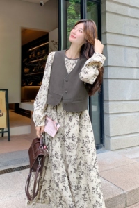茶歇法式连衣裙马甲套装女2025春秋季新款高级感显瘦长裙子两件套图片