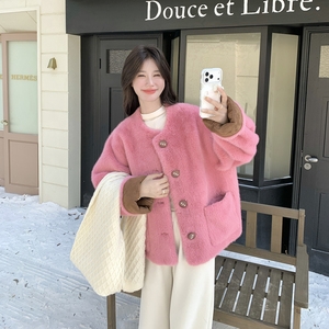 粉色小香风撞色羊羔毛外套女秋冬2025新款皮毛一体温柔千金感棉服图片