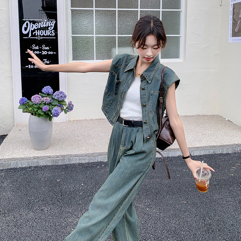 港味复古淡人牛仔两件套女2025夏季时髦上衣气质高腰阔腿裤两件套,女装套装/套裙,2C075