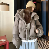 灰色短款连帽羽绒服女冬季2025新款小个子百搭加厚保暖面包服外套，女装羽绒服，1D066-1