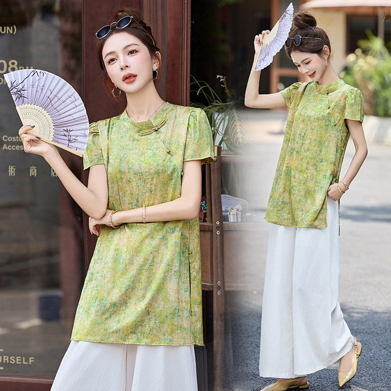 现货25夏装新款新中式风水墨画上衣+阔腿裤显瘦气质大码套装女,女装套装/套裙,衣珂纱朗