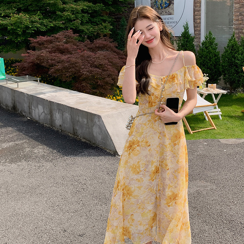 浪漫一字领露肩连衣裙女2025夏季新款法式绝美显瘦度假风印花裙子,女装连衣裙,2C009