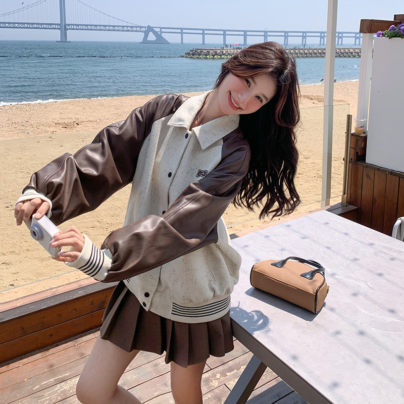 【现货】流量款拼皮夹克棒球服088-9909P135K188,女装短外套,2C088