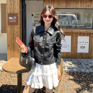 气质短款翻领黑色皮衣外套女春秋2025新款小个子机车服PU夹克超火图片