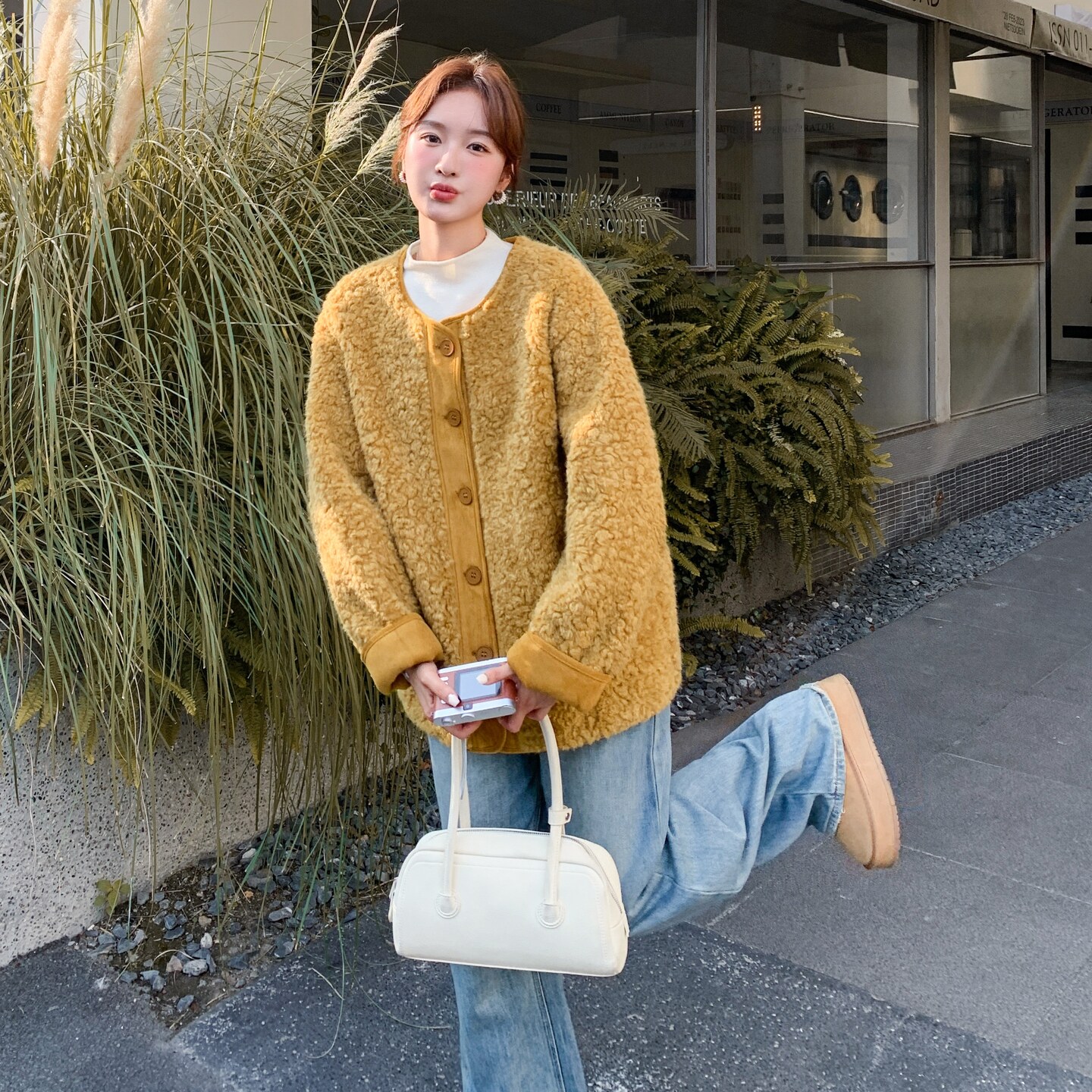 美拉德皮毛一体毛毛外套女冬季新款韩系简约宽松加厚圆领棉服潮,女装皮衣,2C307