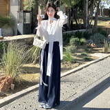 现货2D078-T1903-P155K228系带衬衫+蕾丝绑带藏青色裤子真两件套，女装套装/套裙，2D078