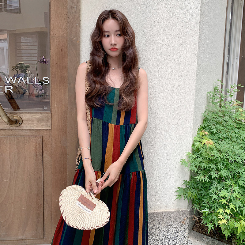 文艺复古日系彩色条纹吊带连衣裙女2025新款夏季艺术感度假风长裙,女装连衣裙,2C122