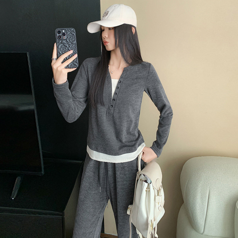 女春高级感气质拼接V领卫衣阔腿裤两件套,女装套装/套裙,2C310