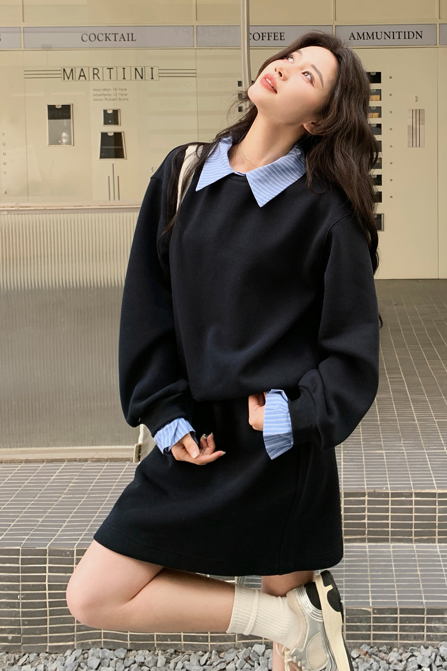 新款拼接POLO领假两件卫衣加绒加厚半身裙两件套女装,女装套装/套裙,2B142