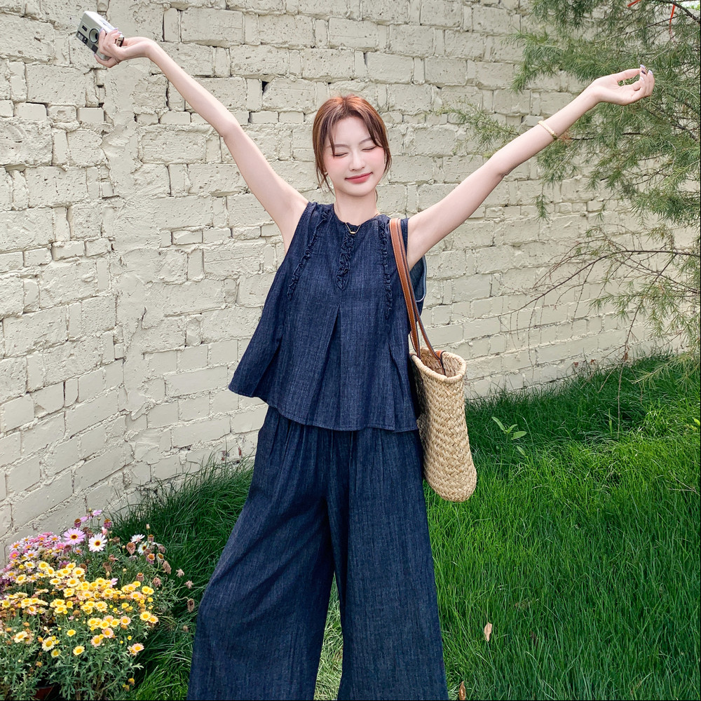 复古薄款牛仔套装女夏季2025新款独特漂亮设计感背心阔腿裤两件套,女装套装/套裙,2C271