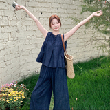 复古薄款牛仔套装女夏季2025新款独特漂亮设计感背心阔腿裤两件套，女装套装/套裙，2C271