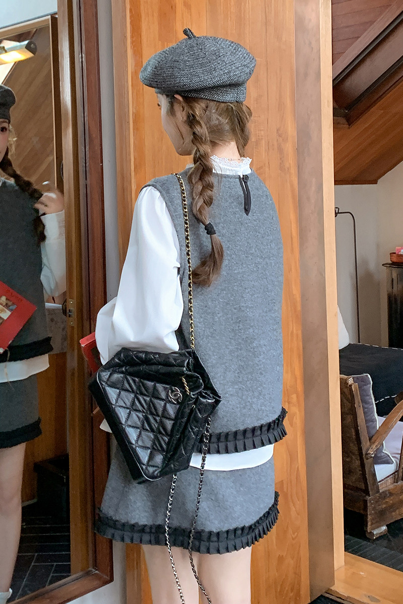 韩版灰色小香风套装裙女2025春秋季新款显瘦上衣马甲半身裙三件套,女装套装/套裙,2D148