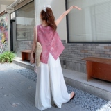 粉色提花背心上衣阔腿裤套装女2025夏季新款法式高级感气质两件套，女装套装/套裙，2C135