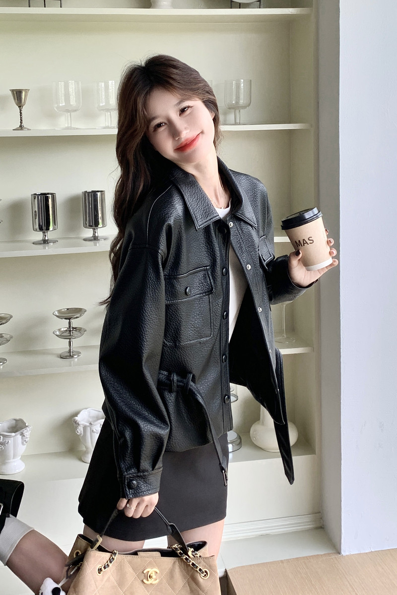 复古美式黑色机车服短外套女春秋2025超火好看高级小众皮夹克上衣,女装皮衣,2C159