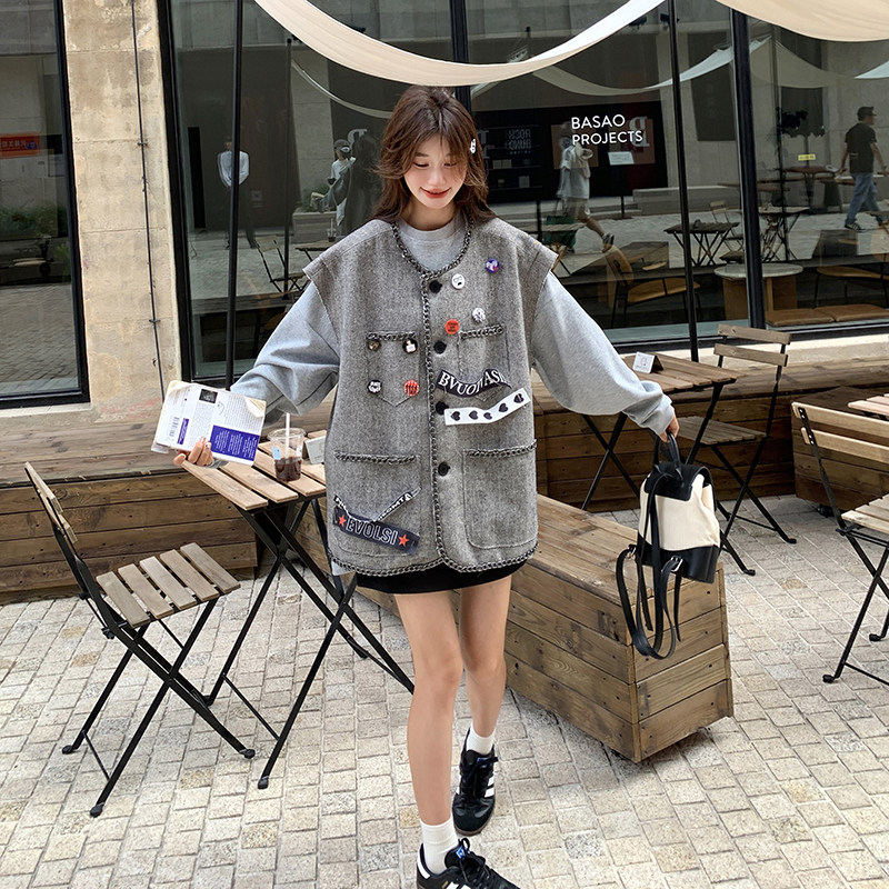 灰色设计感印花马甲套装女2025春季新款韩系慵懒风休闲卫衣两件套,女装套装/套裙,2C332