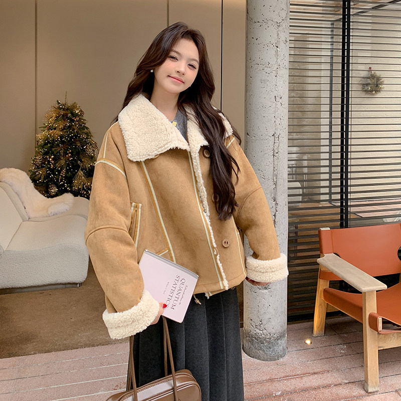 咖色复古麂皮绒皮毛一体羊羔毛短外套女2025冬新款小个子加厚上衣图片