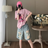 甜美时尚休闲套装女夏季新款圆领印花刺绣T恤阔腿破洞短裤两件套，女装套装/套裙，2C310