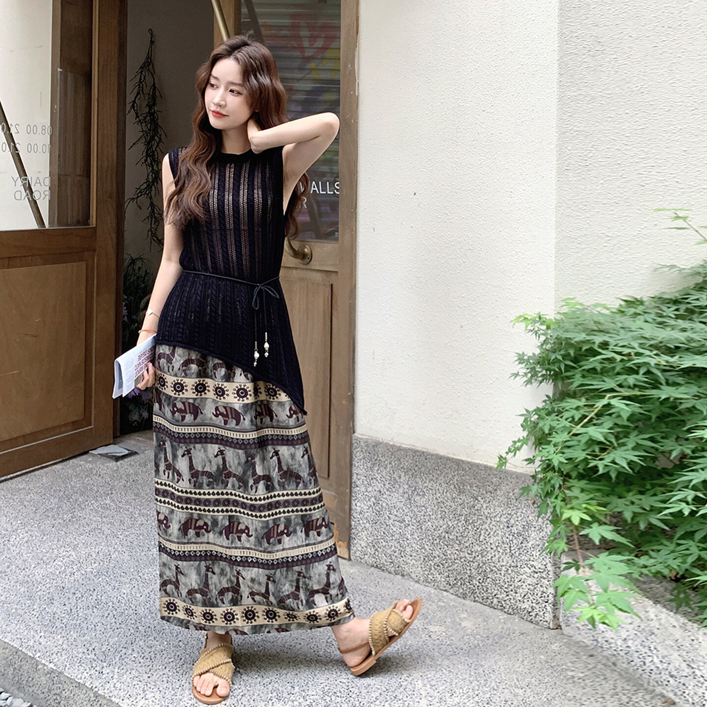 黑色针织镂空无袖背心套装裙女2025夏季法式复古印花半身裙两件套,女装套装/套裙,2C166