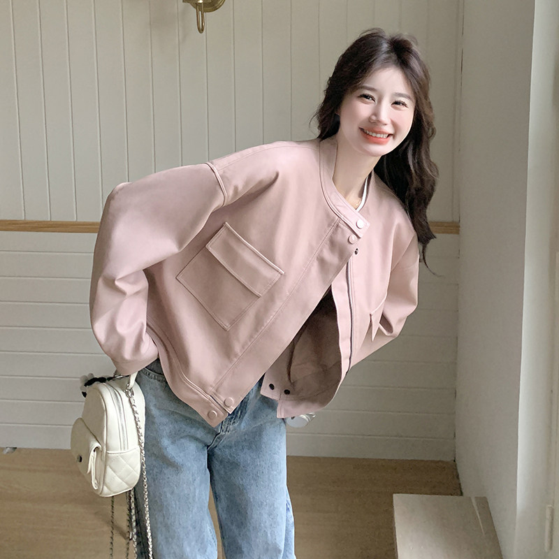 小香风粉色短款皮衣外套女春秋2025新款减龄百搭超火PU夹克高级感,女装皮衣,2C320