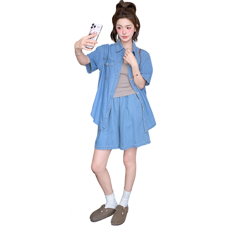 韩版复古牛仔套装女小个子2025夏新款薄款短袖衬衫阔腿短裤两件套,女装套装/套裙,2C212