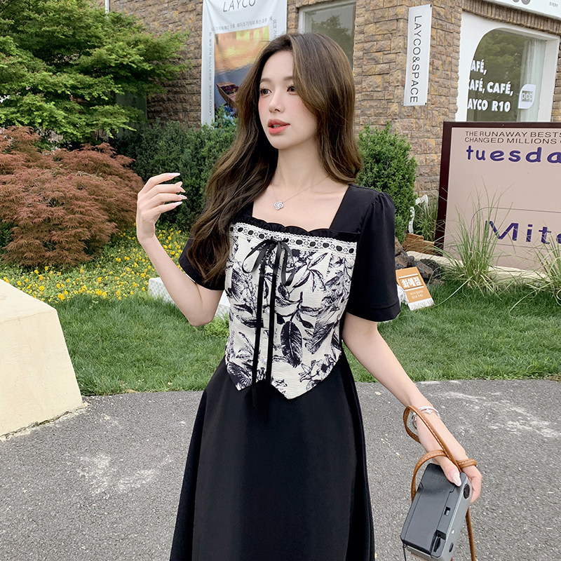 【现货】夏装新款时尚气质优雅显瘦系带水墨画拼色连衣裙,女装连衣裙,2D148