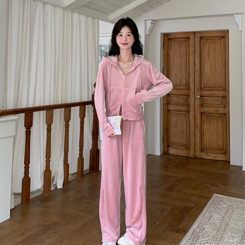 粉色减龄休闲连帽卫衣套装女2025春秋新款显瘦阔腿裤运动服两件套,女装套装/套裙,2C009
