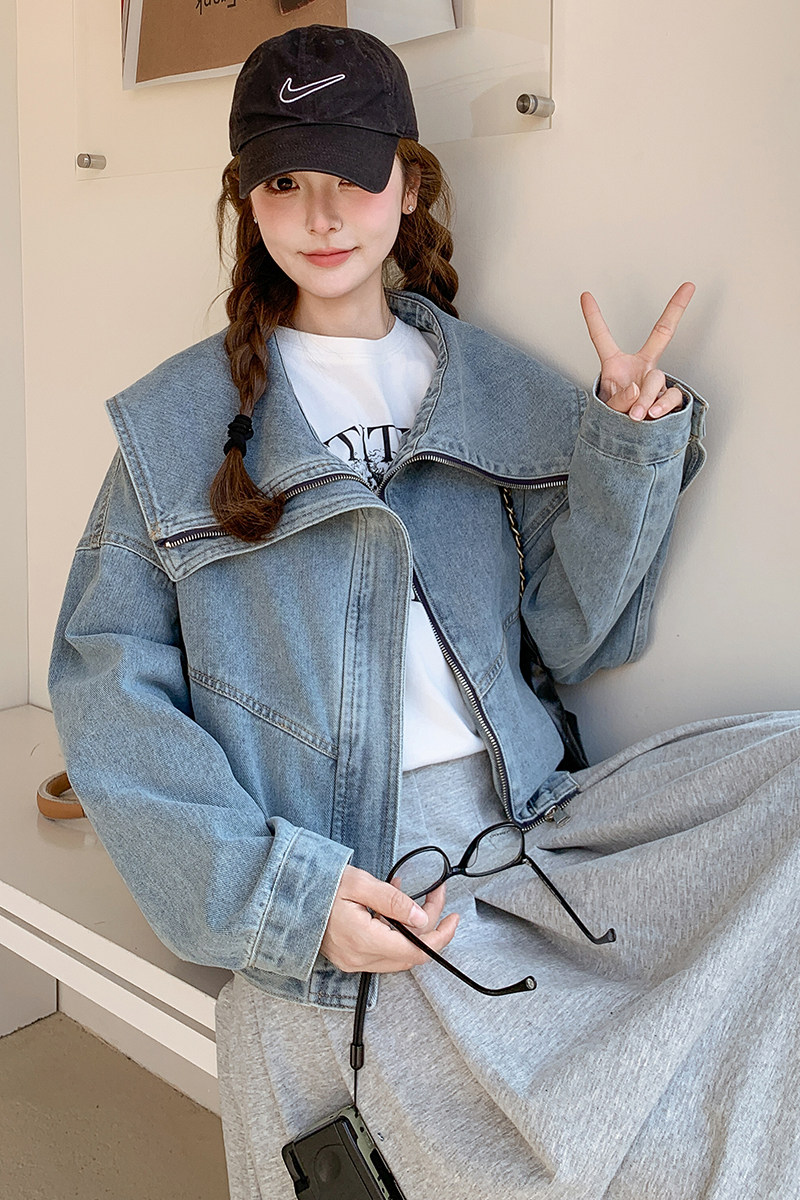韩版蓝色牛仔外套女2025新款春季宽松小个子休闲设计感夹克短上衣,女装短外套,2C057