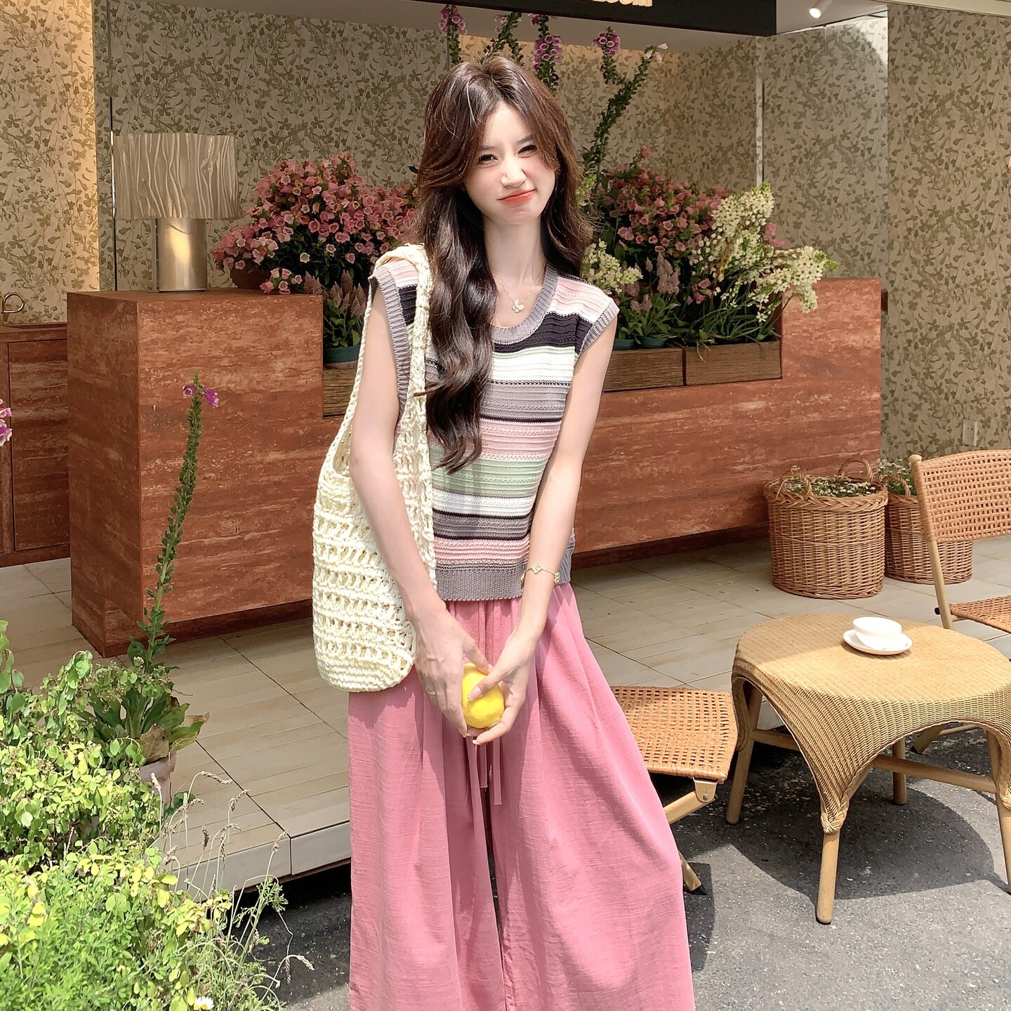 减龄撞色拼接条纹针织衫套装女夏季2025年新款阔腿裤两件套,女装套装/套裙,2C166