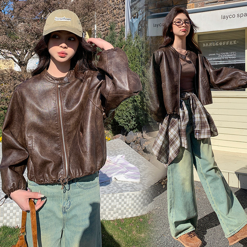 韩版宽松休闲PU皮衣外套女2025春秋季新款高级感炸街显瘦夹克上衣,女装皮衣,安在秀（1C042）