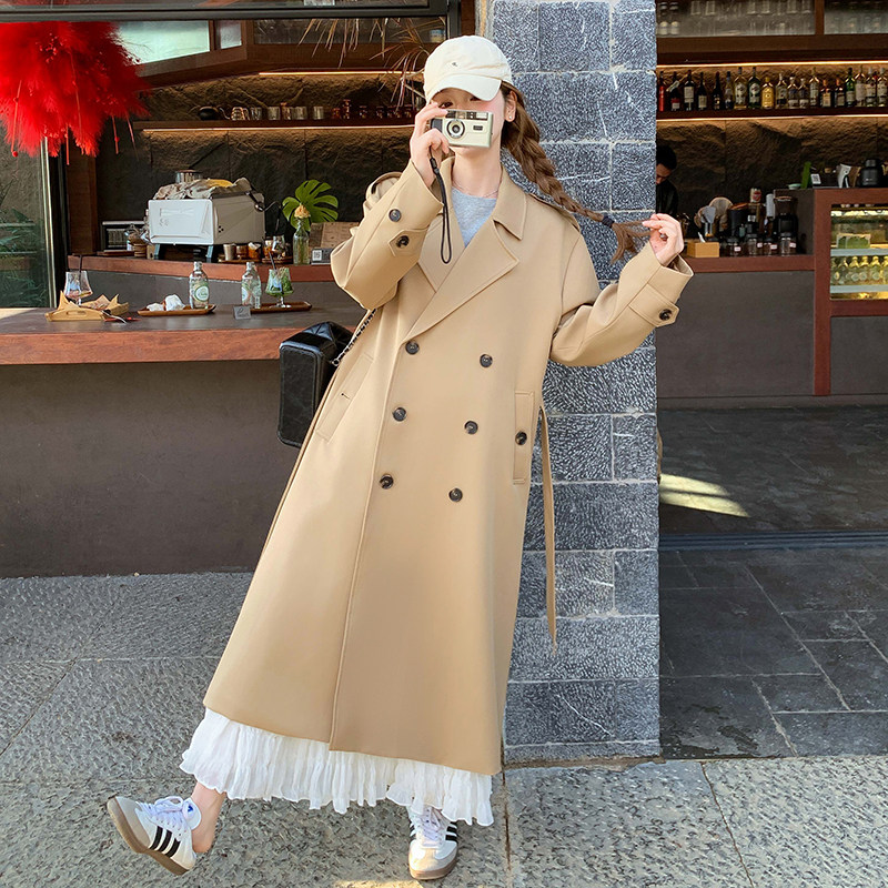 现货现货2025春季新款卡其色长款韩版双排扣风衣外套女,女装风衣,2C012
