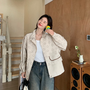 韩版印花休闲风衣外套女2025春秋季新款宽松显瘦流行炸街夹克上衣图片