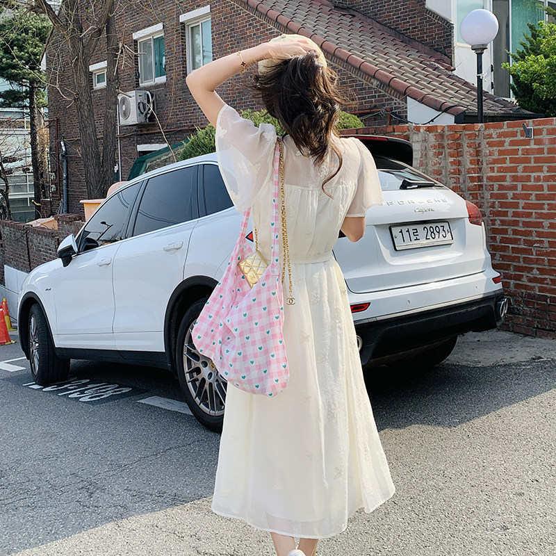 白色新中式网纱刺绣连衣裙女2025夏季新款温柔风宽松遮肉仙女长裙,女装连衣裙,2C088