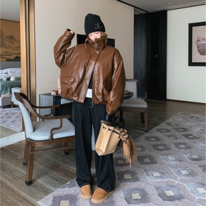 减龄棕色油蜡皮衣羽绒服女2025冬季新款机车服甜酷90绒外套派克服图片