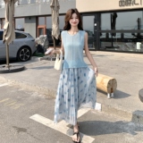 蓝色温柔风针织镂空无袖背心套装女2025夏季新款印花半身裙两件套，女装连衣裙，2C098