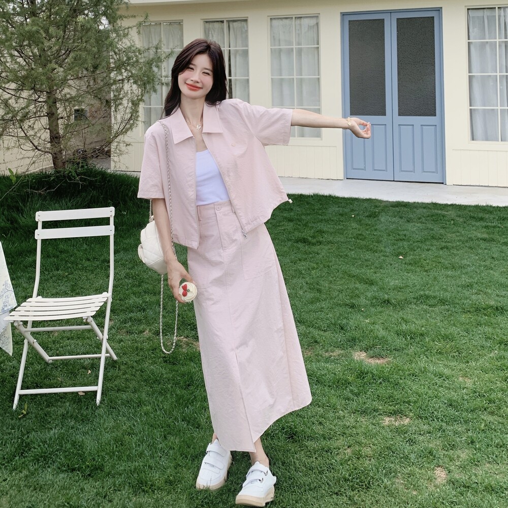 粉色日系文艺慵懒风穿搭女2025夏季新款减龄工装上衣半身裙两件套,女装套装/套裙,2C277